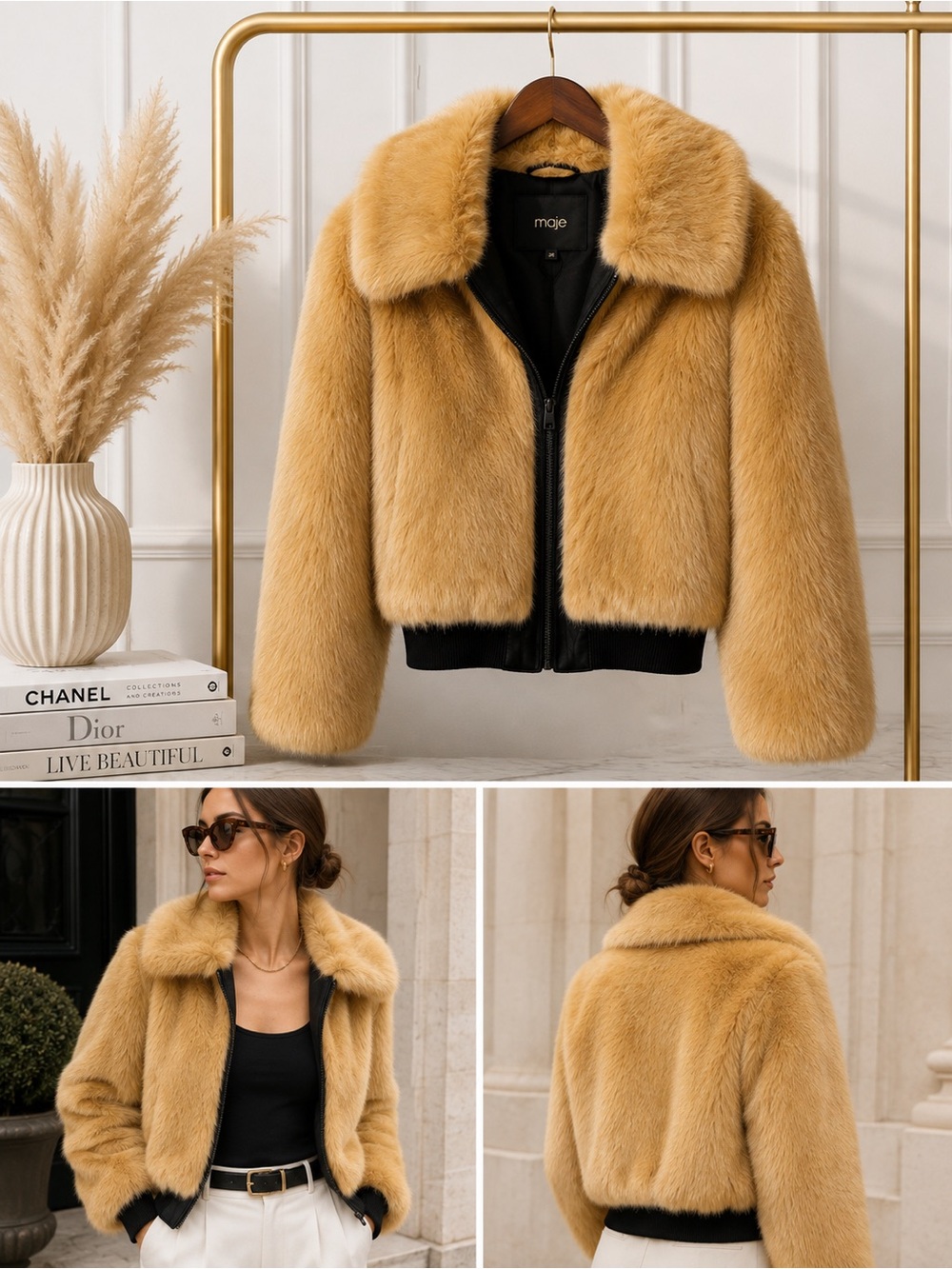 Maje Golden Faux Fur Bomber Jacket with Black Trim